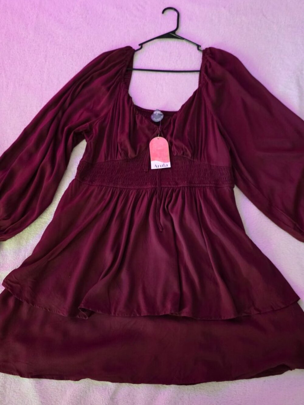 NWT Arula Burgundy Square Neck Smocked Peplum Mini Dress Size B / 2X ($80 MSRP)